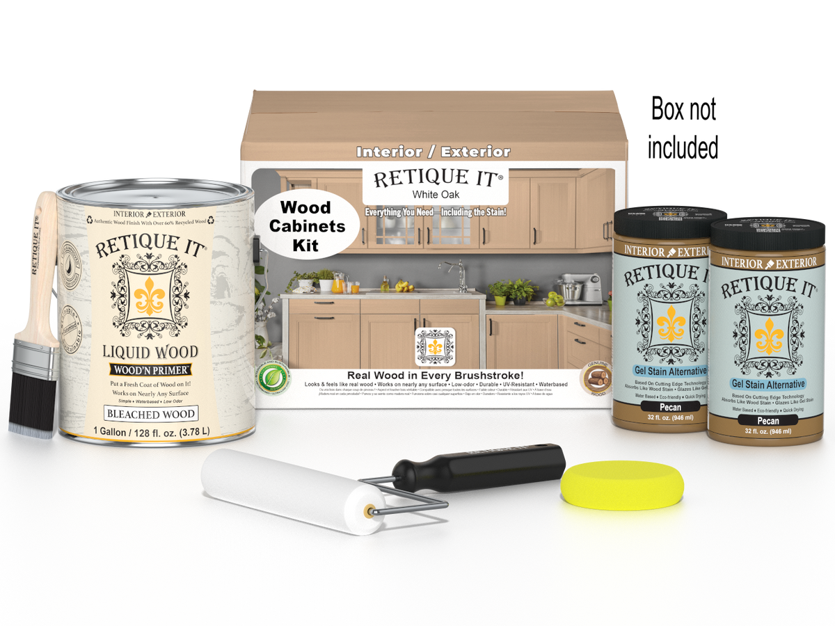 Retique It® Wood'n Cabinet Kit with 48 white oak doors, smooth finish, showcasing stain options for custom cabinetry.