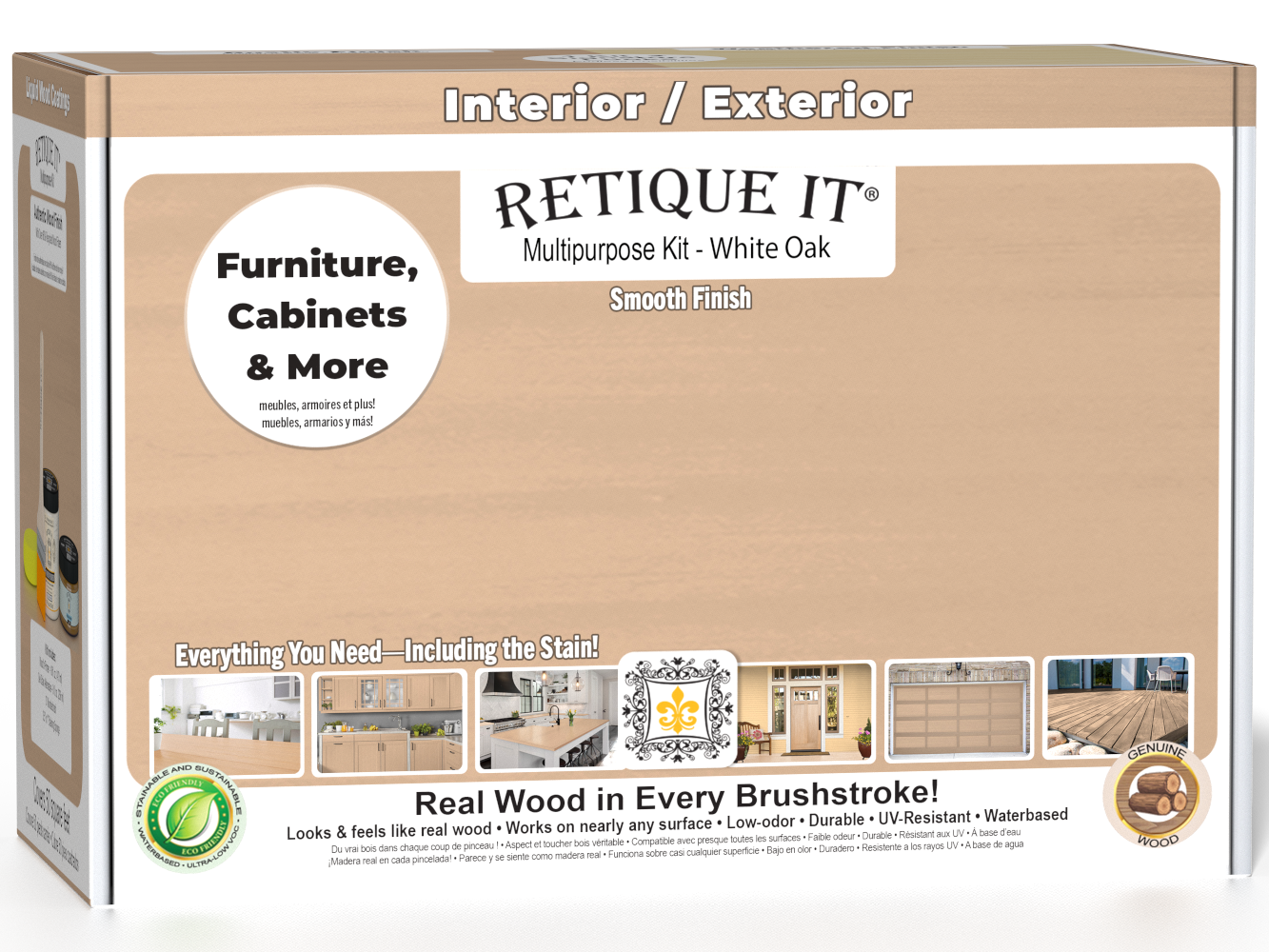 Retique It® Multi-purpose Smooth Finish Kit in White Oak for interior top coat, featuring a white box with wood finish products.