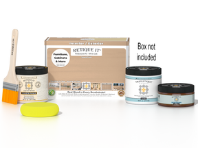 Retique It® White Oak Multi-purpose Smooth Finish Kit for interior top coat in gloss, includes applicator tools and finished wood sample.