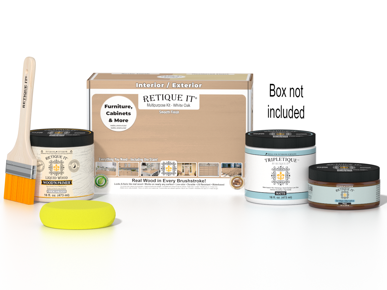 Retique It® White Oak Multi-purpose Smooth Finish Kit for interior top coat, includes applicator and finishing materials.