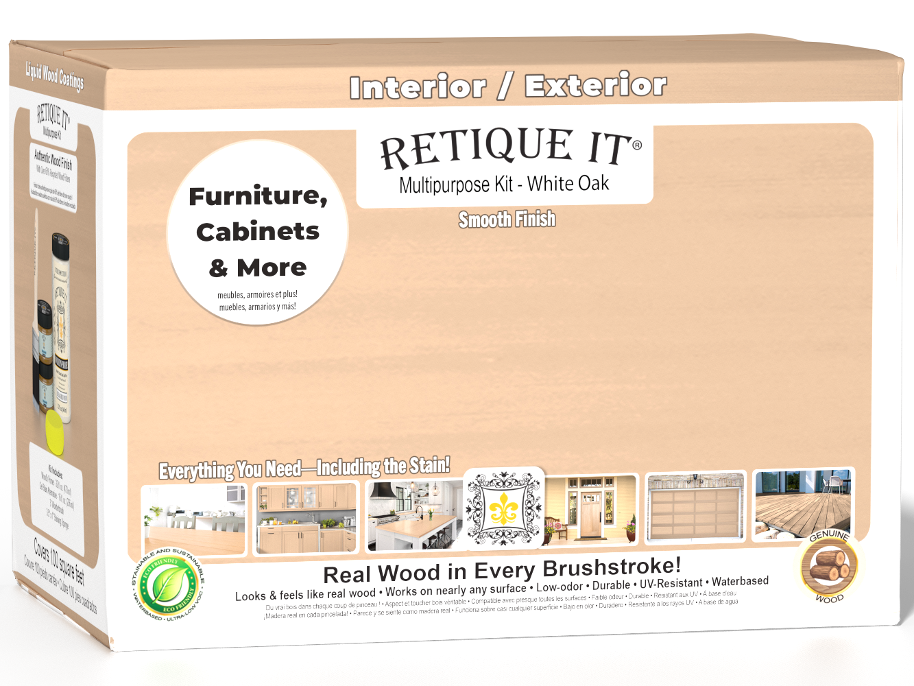 Large white oak wood finish kit by Retique It® with smooth finish, includes multiple tools and products for wood projects.
