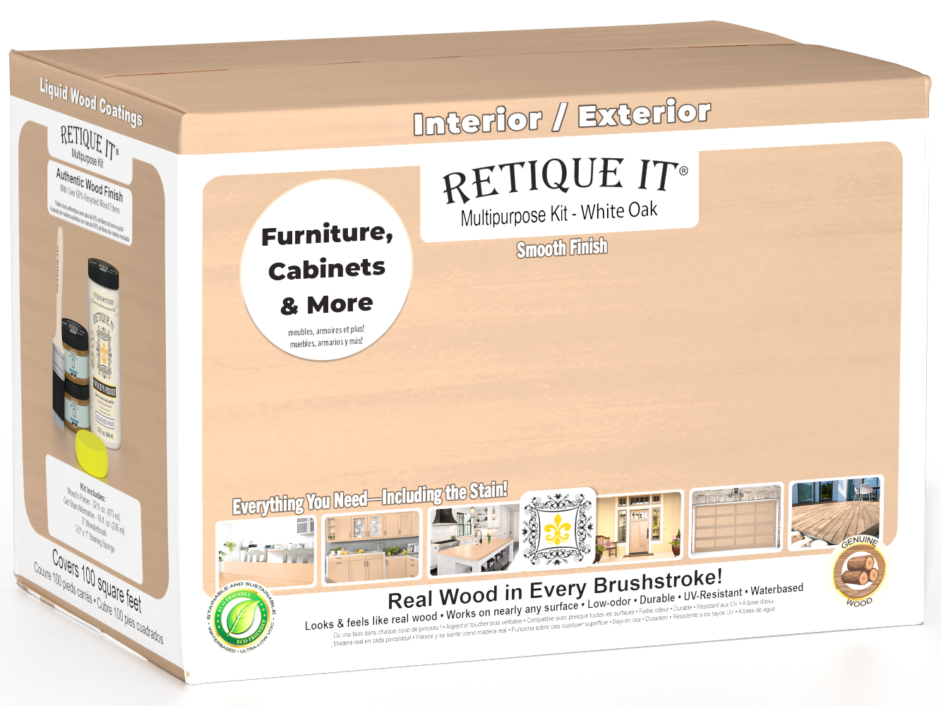 Retique It® Multi-purpose Smooth Finish Kit in white oak for interior top coat, large size with a matte finish, wood finishing kit.