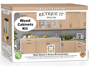 Retique It® Wood'n Cabinet Kit with 24 white oak doors, smooth finish, included stains, and cabinet components for kitchen renovation.