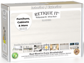 Retique It® Wood'n Finish Kits White Wash exterior top coat in a multi-purpose smooth finish kit box, ideal for wood surfaces.