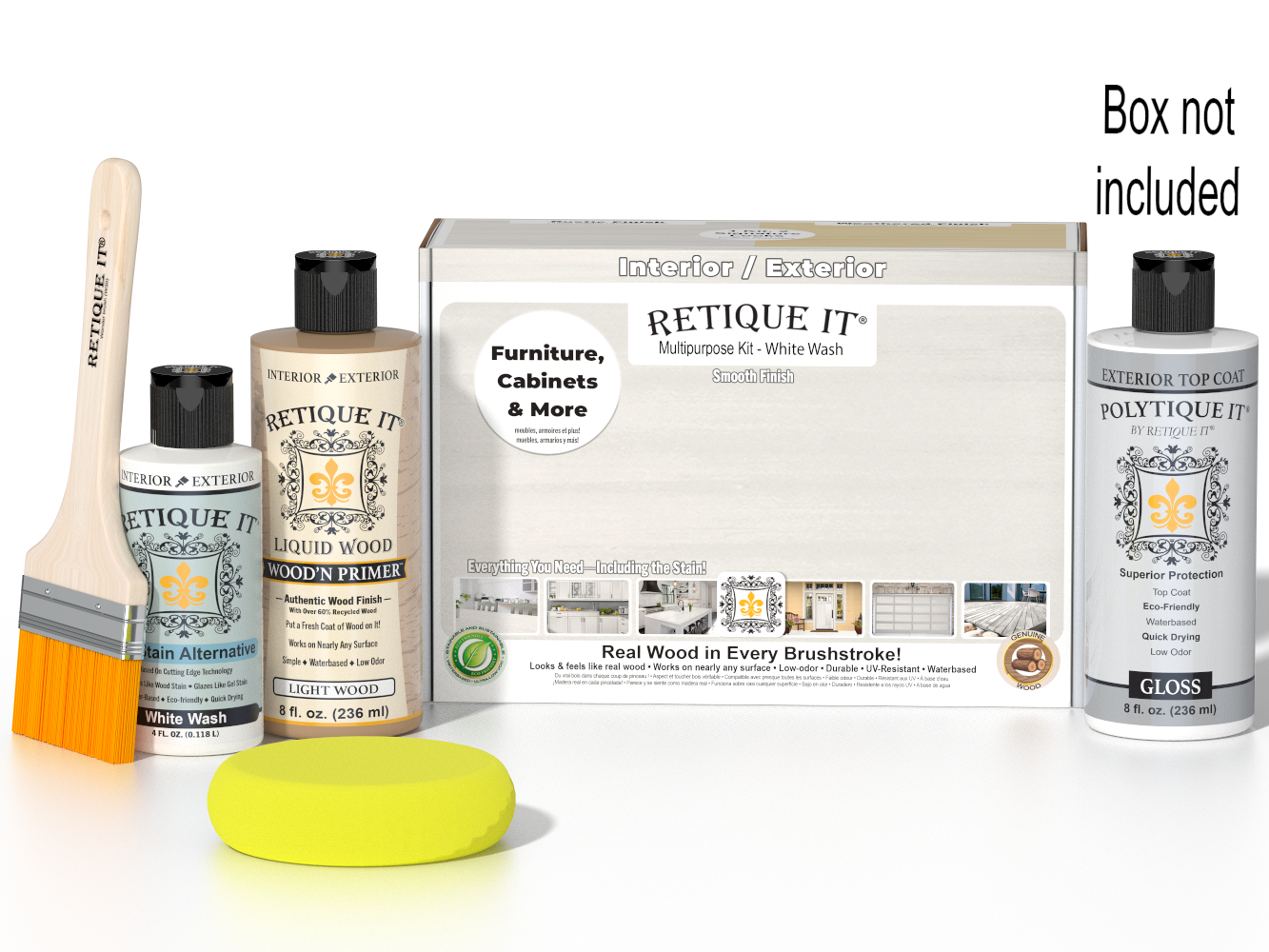 Retique It® Multi-purpose Smooth Finish Kit in White Wash for exterior wood surfaces, includes top coat and application tools.