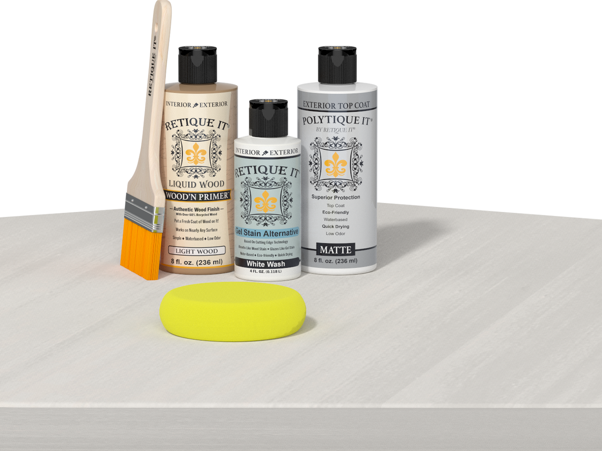Retique It® Wood'n Finish Kit with white wash exterior top coat, showing a table with smooth, white washed wood finish.