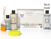 Retique It Wood'n Finish Kit in White Wash for exterior top coat, showing a finish palette and application tools.