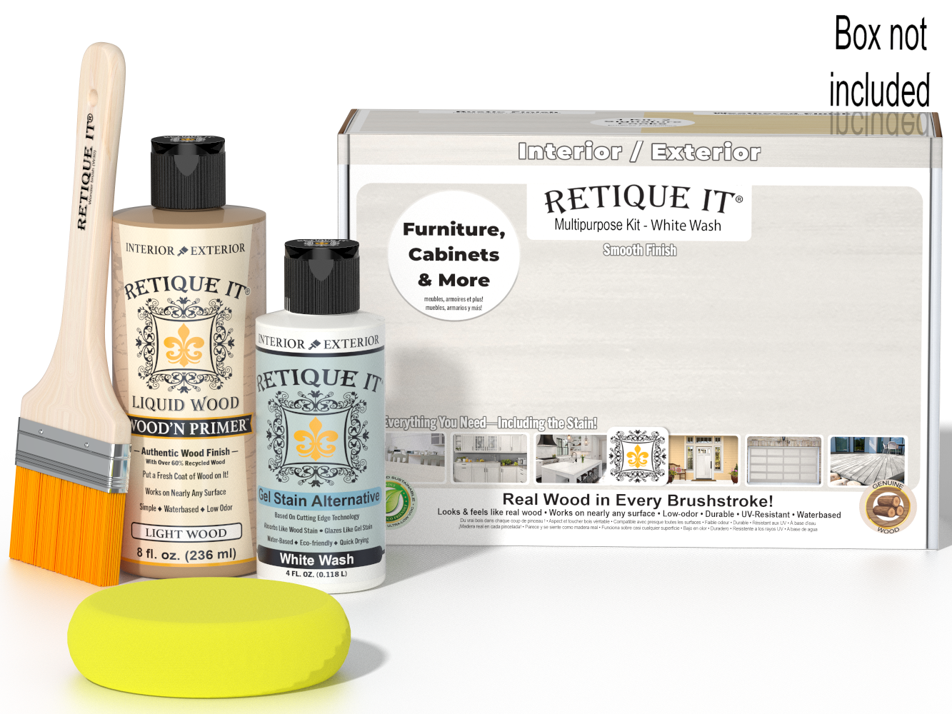 Retique It® Multi-purpose Smooth Finish Kit in White Wash for wood finishing, shown in a box with finishing tools and supplies.