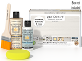 Retique It® Multi-purpose Smooth Finish Kit in White Wash for wood finishing, shown in a box with finishing tools and supplies.