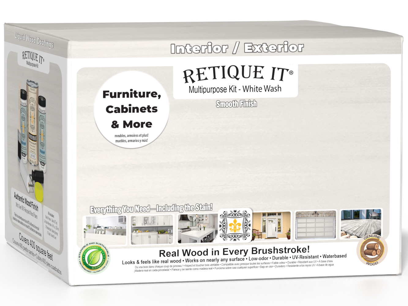 Retique It® Multi-purpose Smooth Finish Kit with four large white wash exterior top coats in a box, designed for wood finishing.