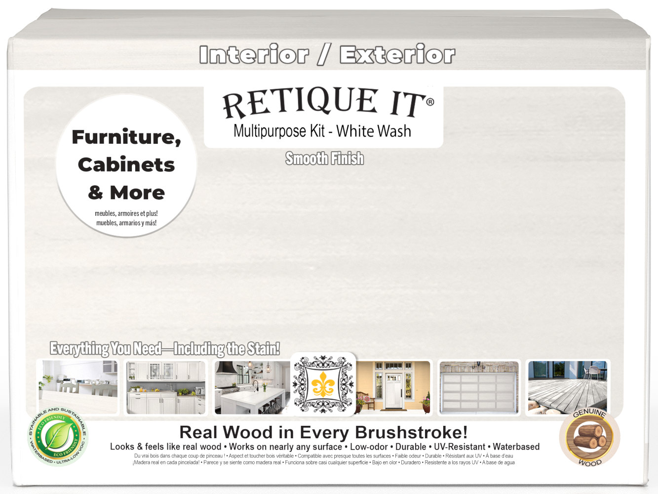 Retique It® Multi-purpose Smooth Finish Kit in white wash, exterior wood top coat, featuring four large containers for wood finishing.