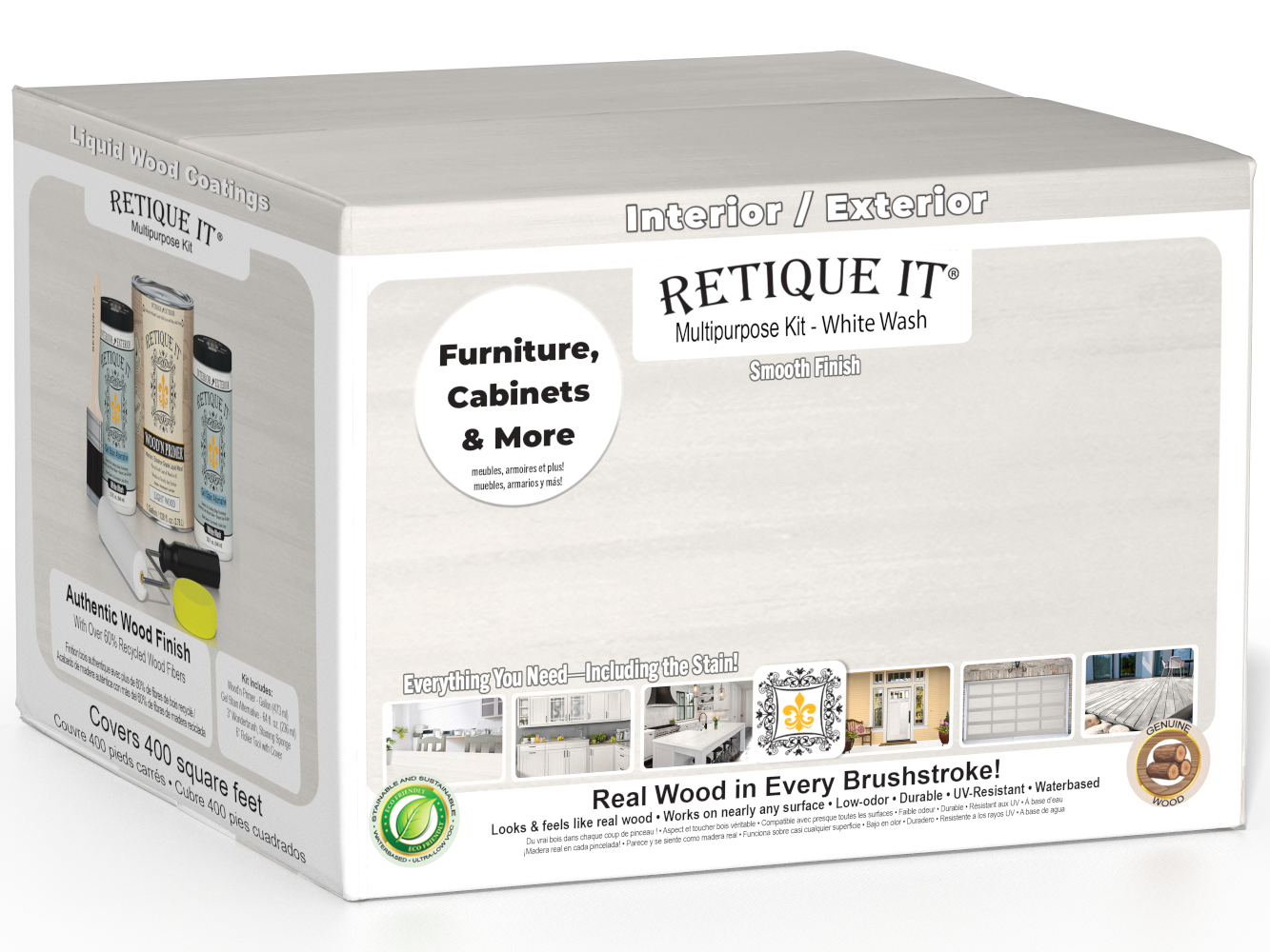 Retique It® Multi-purpose Smooth Finish Kit with four large white wash exterior top coats for wood surfaces.