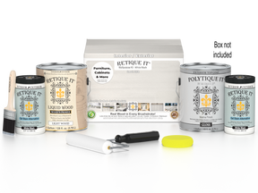 Retique It® Wood'n Finish Kit with four large white wash exterior top coat bottles and applicator tools in a box.