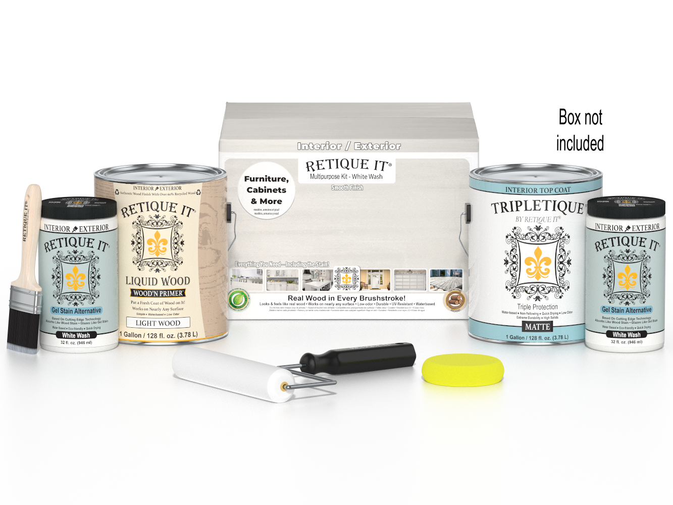 Retique It® Multi-purpose Smooth Finish Kit in white wash, interior wood top coat with four large containers and application box.