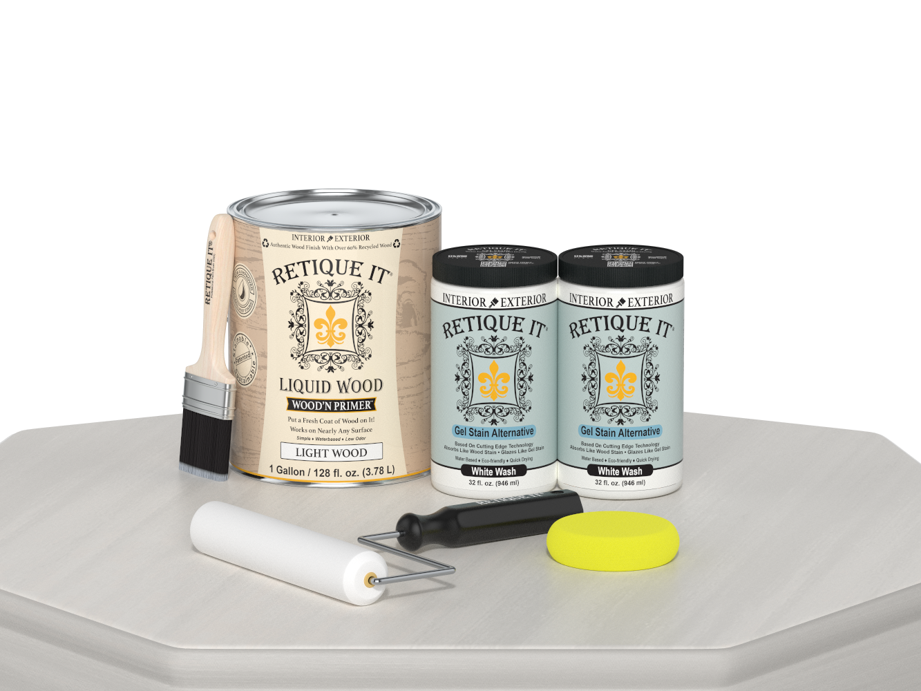 Retique It® wood finish kit with four large white wash smooth finish wood products, ideal for furniture and craft projects.