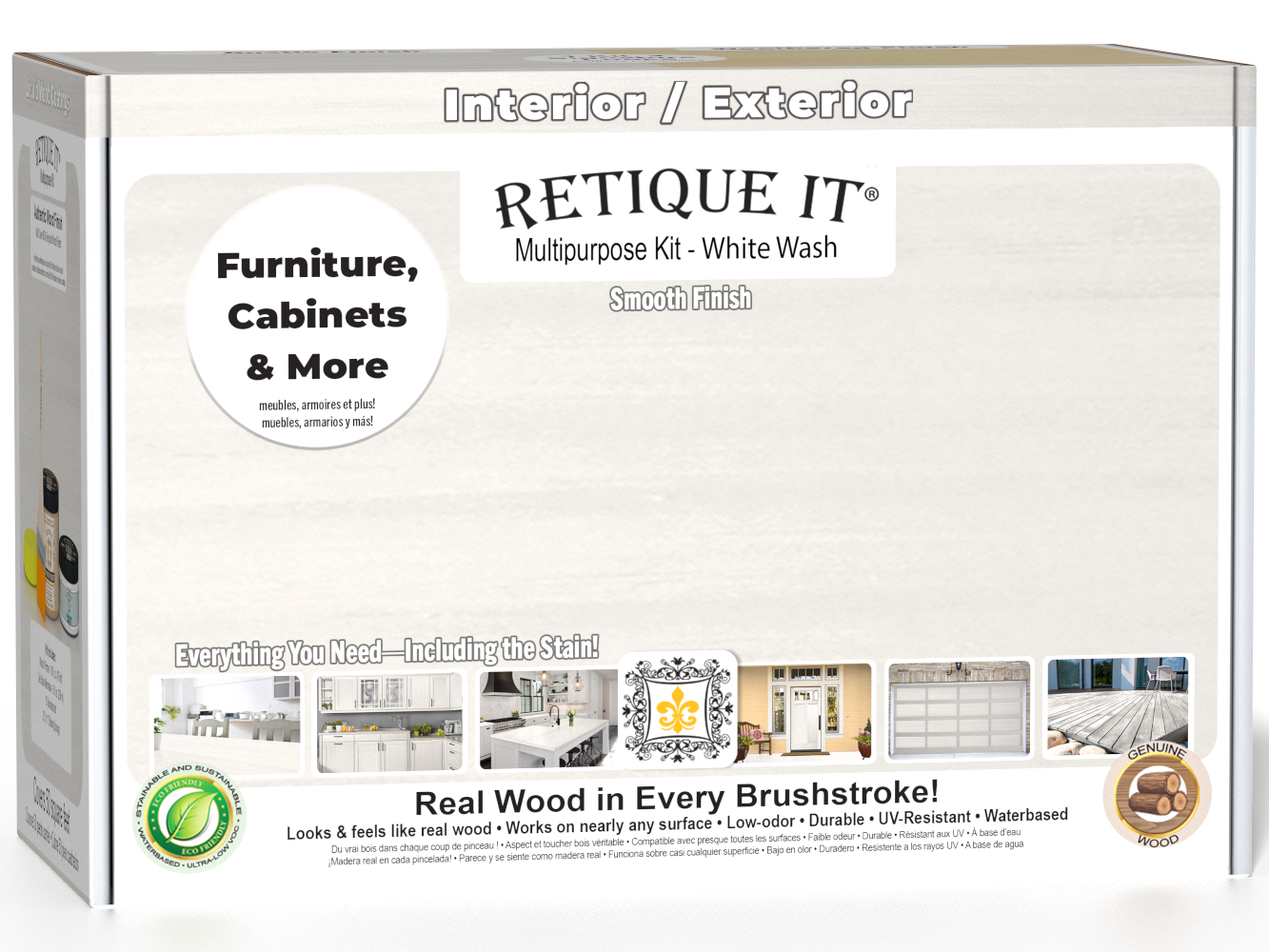 Retique It® Multi-purpose Smooth Finish Kit in White Wash for interior wood projects, includes top coat and matte finish components.