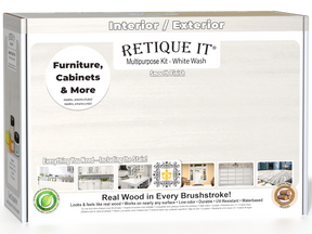 Retique It® Multi-purpose Smooth Finish Kit in White Wash for interior wood projects, includes top coat and matte finish components.
