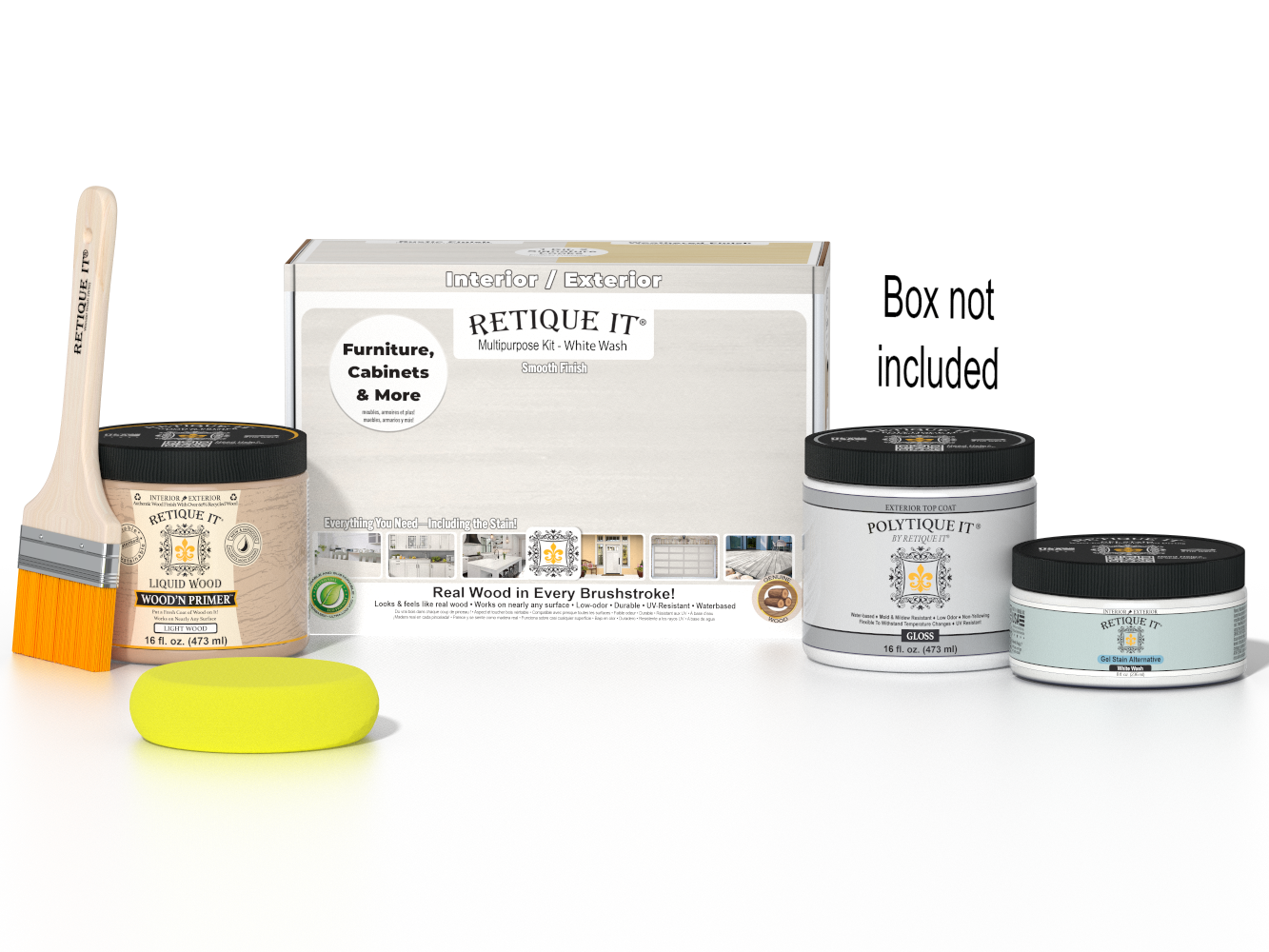 Retique It® Multi-purpose Smooth Finish Kit in white wash for exterior wood, including top coat and application tools.
