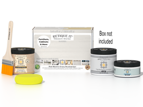 Retique It® Multi-purpose Smooth Finish Kit in white wash for exterior wood, including top coat and application tools.