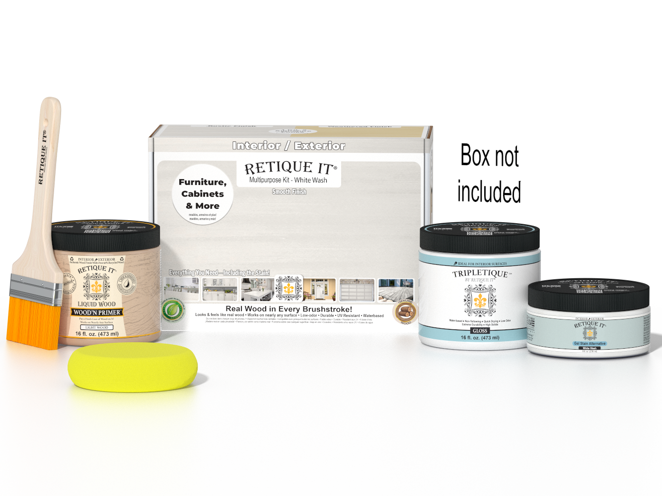 Retique It® Multi-purpose Smooth Finish Kit in white wash for interior wood top coat with gloss finish, includes application tools.