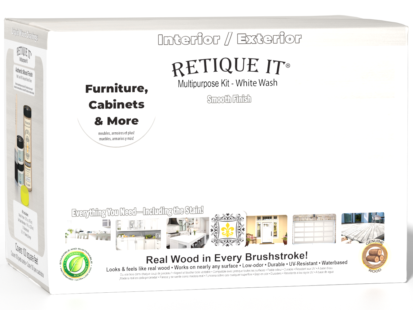 Retique It® Wood'n Finish Kit large white wash exterior top coat with matte finish, including smooth finish components for wood surfaces