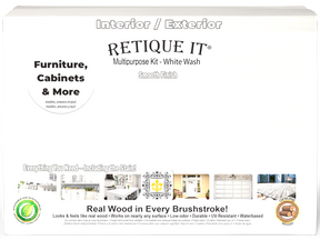 Retique It® Multi-purpose Smooth Finish Kit large white wash exterior top coat in a box, featuring wood finish tools and materials.