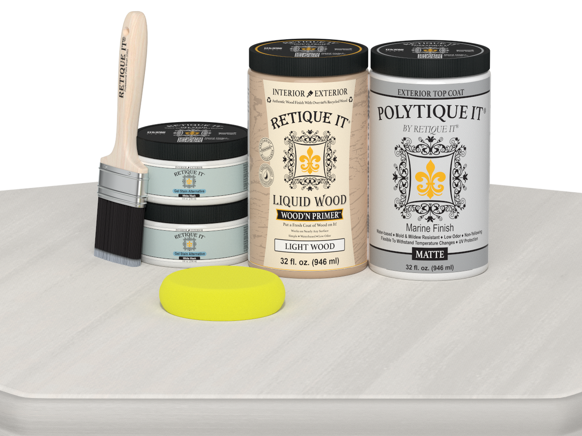 Large White Wash exterior top coat from Wood'n Finish Kits by Retique It® in smooth matte finish, shown in a wooden table application.