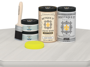 Large White Wash exterior top coat from Wood'n Finish Kits by Retique It® in smooth matte finish, shown in a wooden table application.
