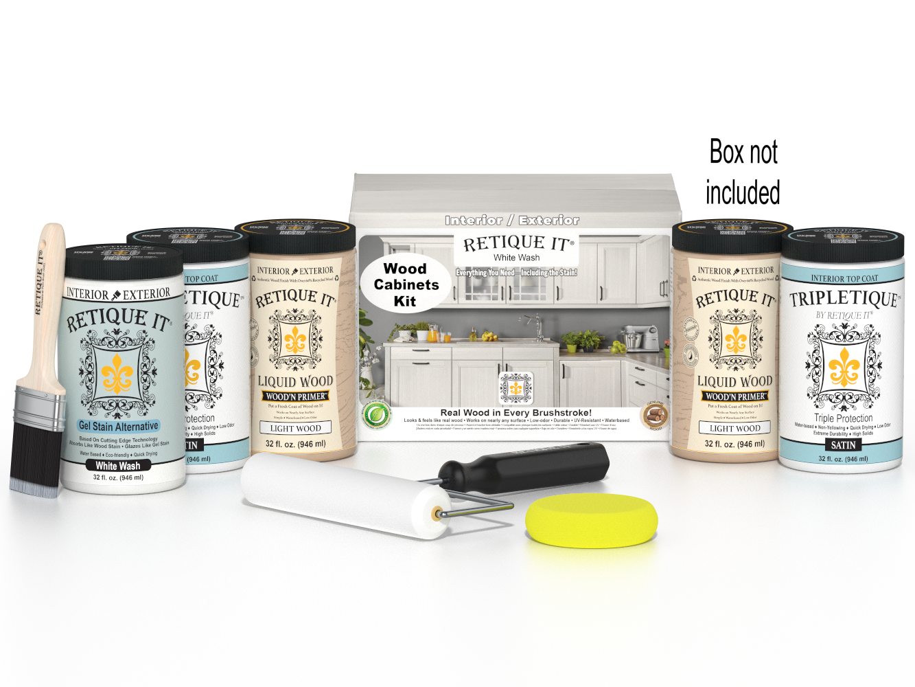 Retique It® Wood'n Cabinet Kit with 24 smooth white wash stained cabinet doors and panels for kitchen or bathroom renovation.