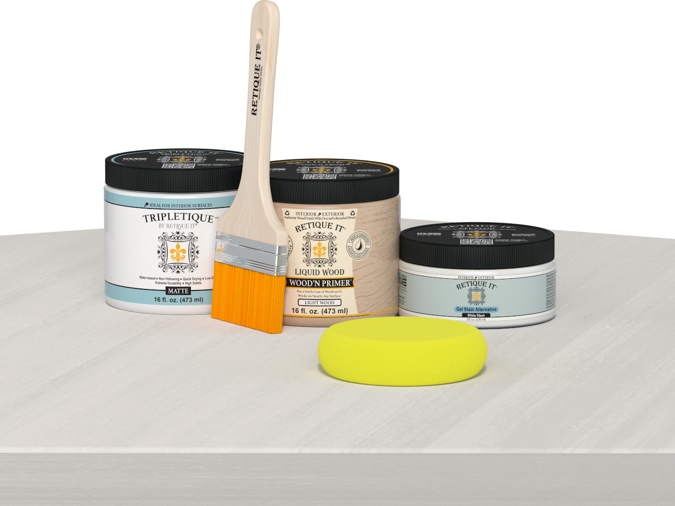 Retique It® Multi-purpose Smooth Finish Kit (Med) in White Wash for interior wood surfaces, featuring a matte top coat on a table.