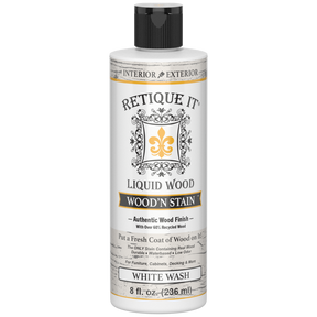 Retique It Liquid Wood Wood'n Stain 8 oz White Wash stain applied to wood surface, showcasing light, whitewashed finish.