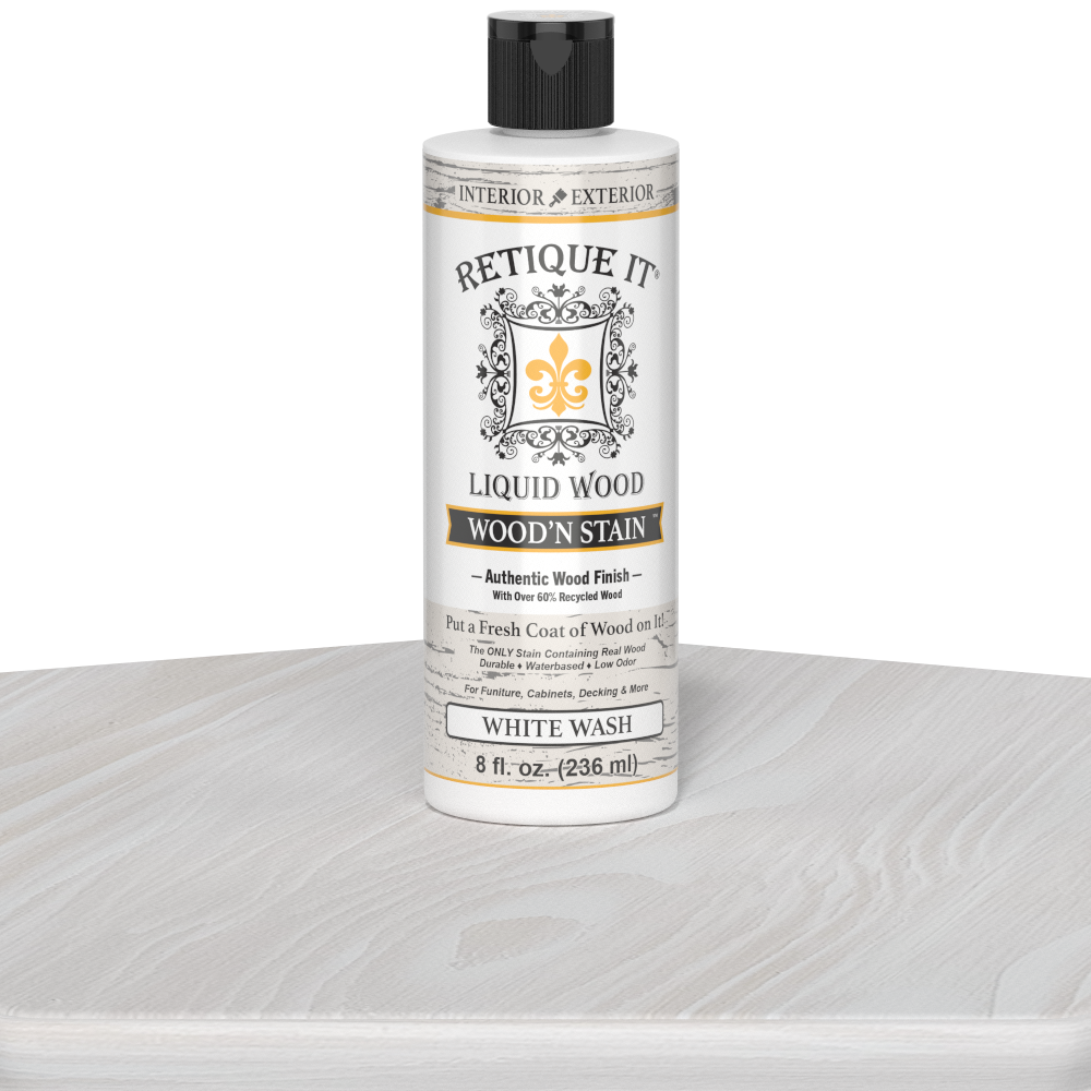 Retique It Liquid Wood Wood'n Stain in White Wash, 8 oz bottle, showing the stain applied on wood surface for a light,washed finish.