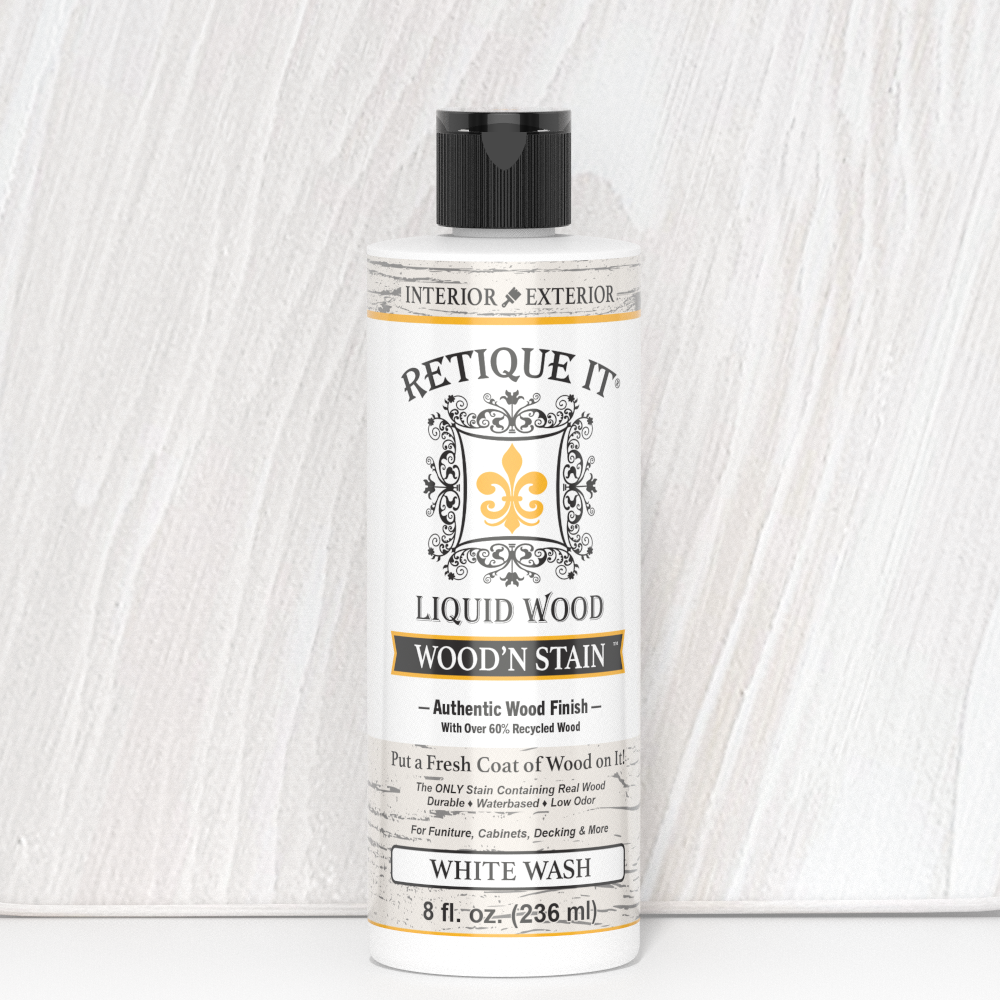 Retique It Liquid Wood Wood'n Stain in 8 oz White Wash, showcasing a wood stain bottle with white wash finish.