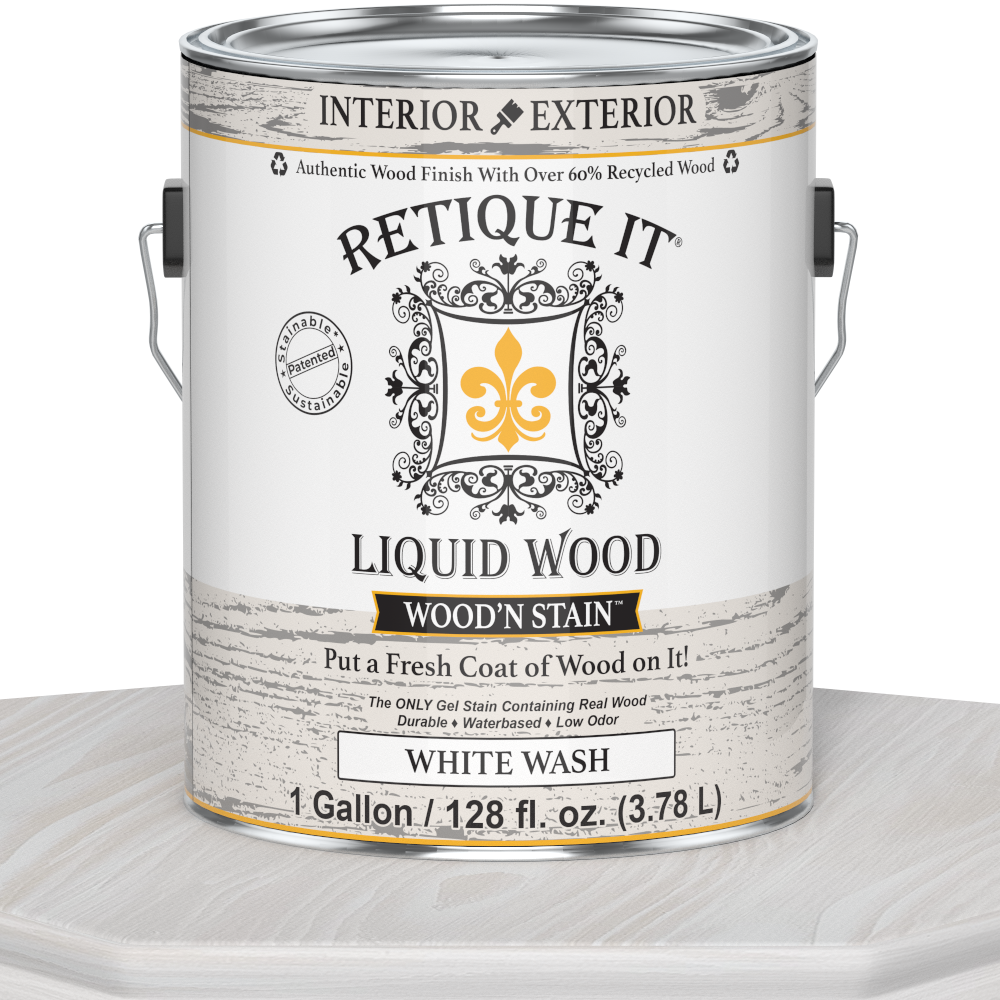 Liquid Wood Wood'n Stain by Retique It in white wash, 128 oz, showcasing the stain's smooth application on wood surface.