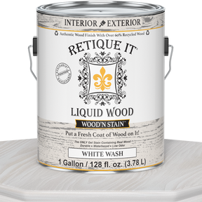 Liquid Wood Wood'n Stain by Retique It in white wash, 128 oz, showcasing the stain's smooth application on wood surface.