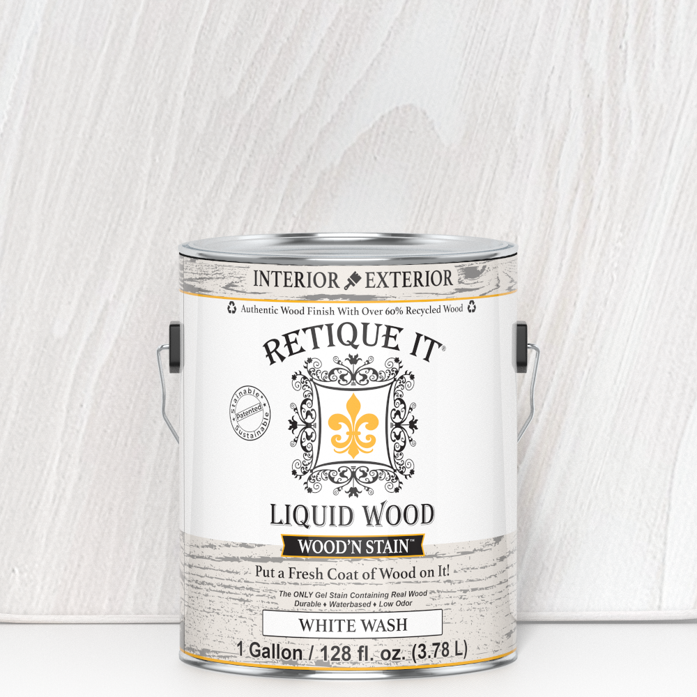 Retique It Liquid Wood Wood'n Stain in white wash, 128 oz, showing the creamy white stain applied to wood surface.
