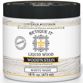 Retique It Liquid Wood Wood'n Stain 16 oz in White Wash, showcasing the stain's light, translucent finish on wood.