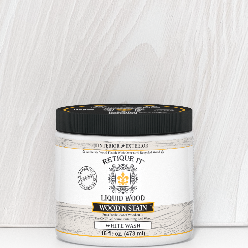 Retique It Liquid Wood Wood'n Stain 16 oz in White Wash, showcasing a wood stain bottle with white wash finish.