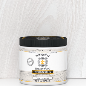 Retique It Liquid Wood Wood'n Stain 16 oz in White Wash, showcasing a wood stain bottle with white wash finish.