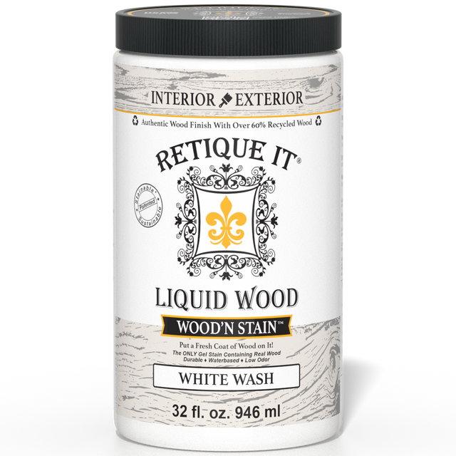 Retique It Liquid Wood Wood'n Stain in White Wash, 32 oz, showcasing the stain applied to wood for a light, natural finish.