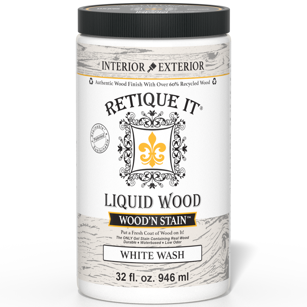 Retique It Liquid Wood Wood'n Stain 32 oz in White Wash, showing the stain container and white-washed wood sample.