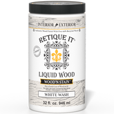 Retique It Liquid Wood Wood'n Stain 32 oz in White Wash, showing the stain container and white-washed wood sample.
