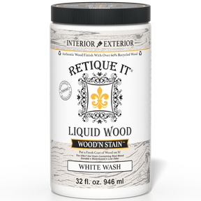 Retique It Liquid Wood Wood'n Stain 32 oz in White Wash, showing the stain container and white-washed wood sample.