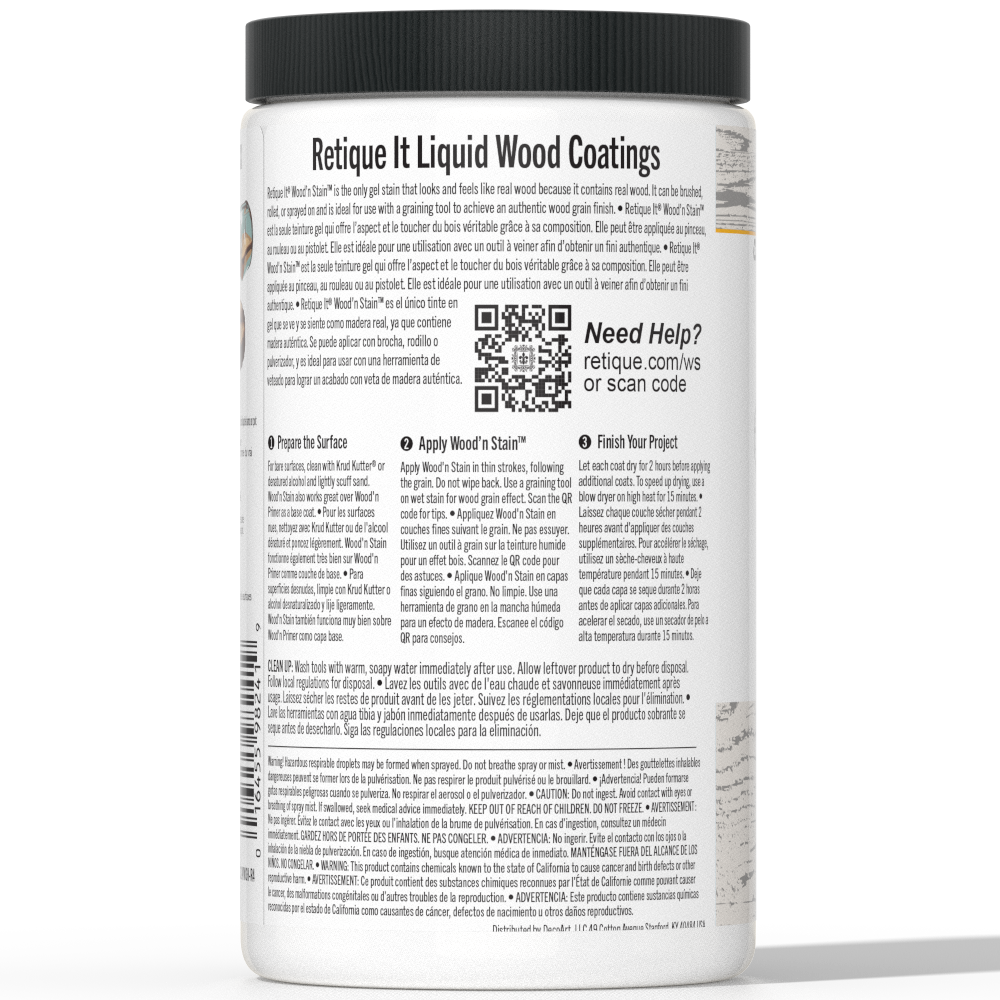 Retique It Liquid Wood Wood'n Stain 32 oz in White Wash, showing the stain's smooth application on wood surface.
