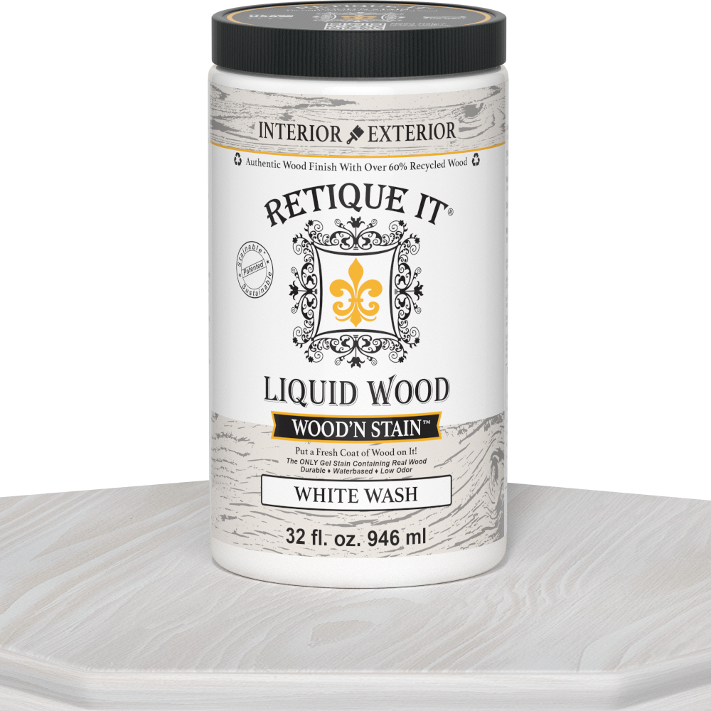 Retique It Liquid Wood Wood'n Stain 32 oz in White Wash showing a container of wood stain with a white wash finish.