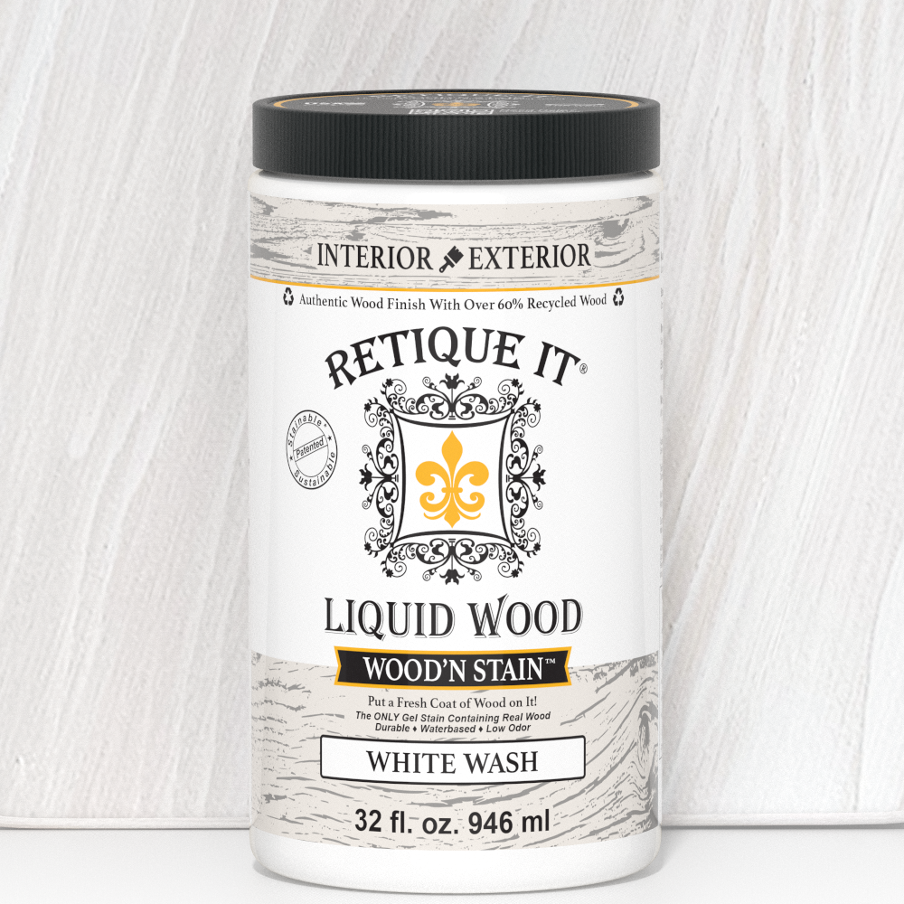 Retique It Liquid Wood Wood'n Stain 32 oz in White Wash showing a can of wood stain with white wash finish.
