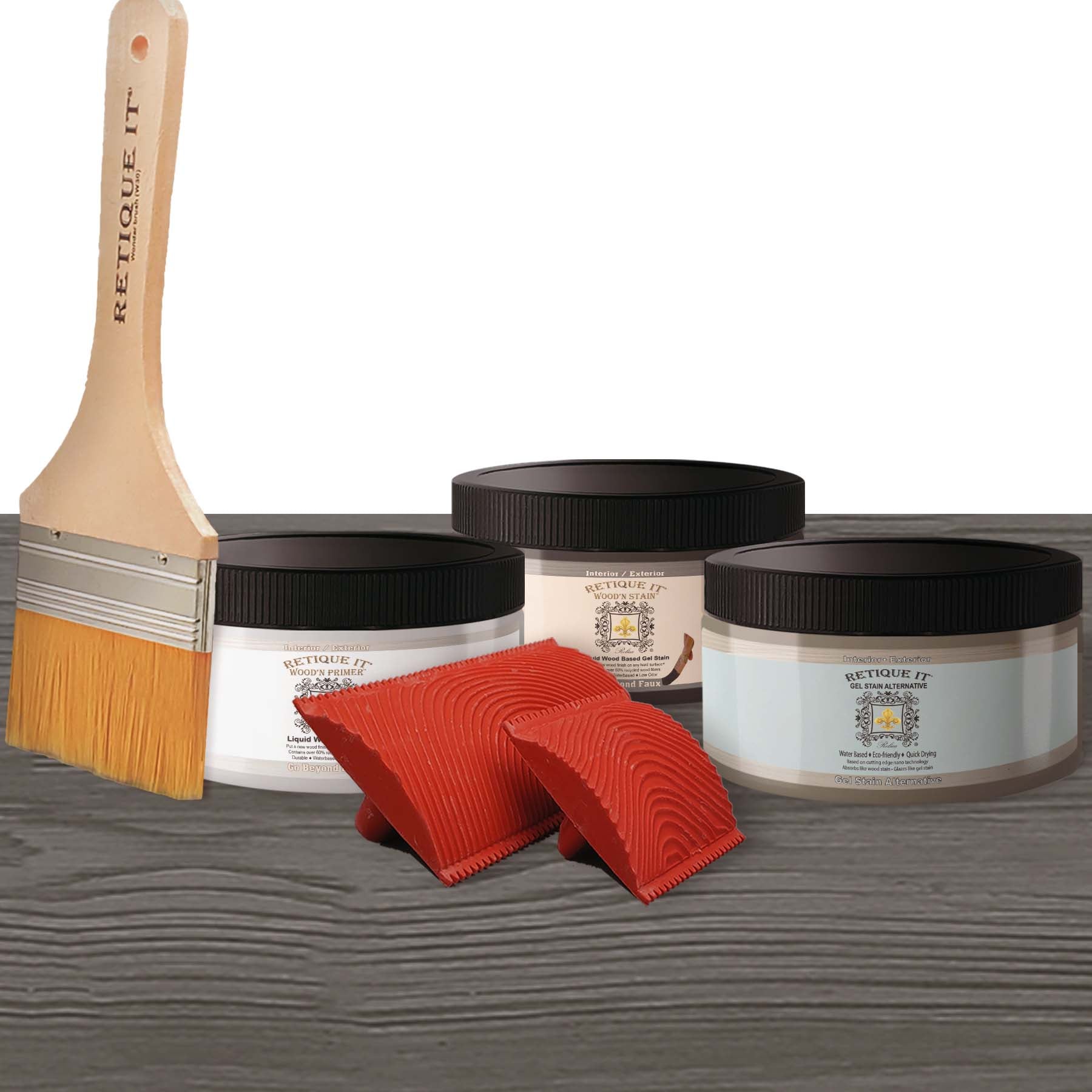 Retique It Fireplace Mantel Wood'n Finish Kit in Harbor Gray stain with gel application, showing textured wood surface and finish details.