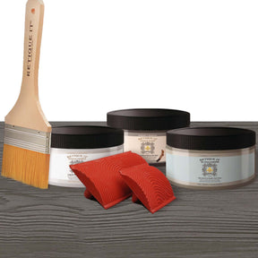 Retique It Fireplace Mantel Wood'n Finish Kit in Harbor Gray stain with gel application, showing textured wood surface and finish details.