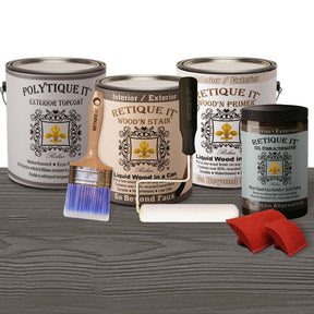 Retique It Decking Wood'n Kit in Harbor Gray stain with gel and application tools for wood decking.