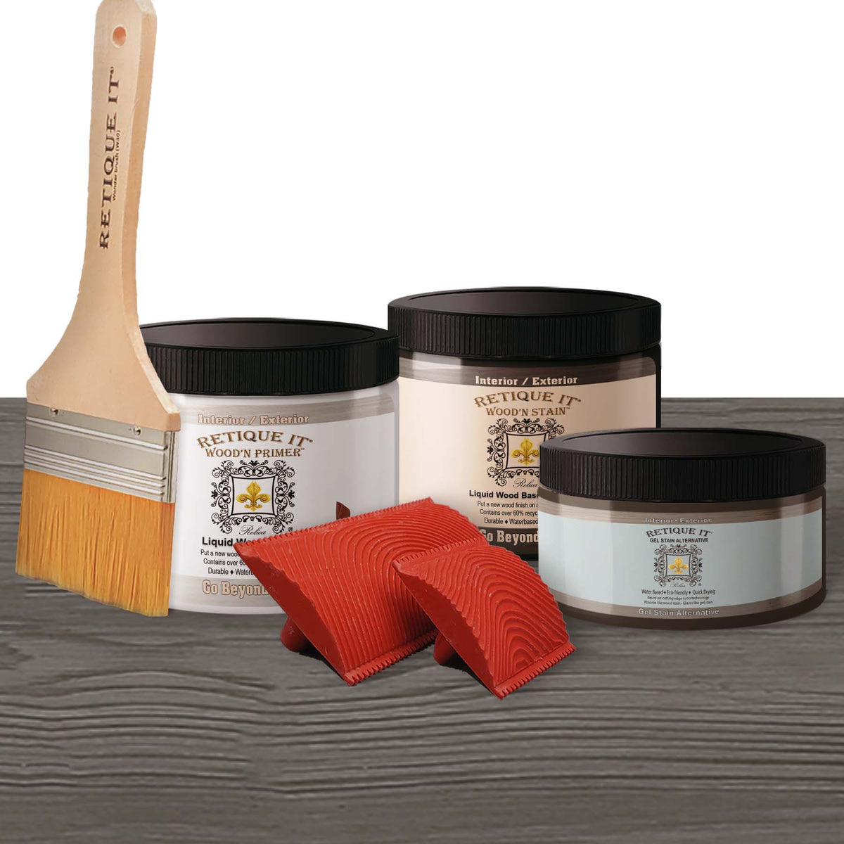 Retique It Fireplace Wood'n Finish Kit in Harbor Gray stain, featuring gel stain application on wood for fireplace finishing.